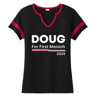 Doug For First Mensch Yiddish Pun Kamala Harris Hebrew Ladies Halftime Notch Neck Tee