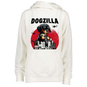 Dogzilla Funny Giant Dachshund Cute Wiener Dog In City Womens Funnel Neck Pullover Hood