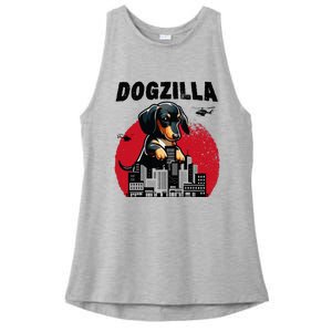 Dogzilla Funny Giant Dachshund Cute Wiener Dog In City Ladies PosiCharge Tri-Blend Wicking Tank