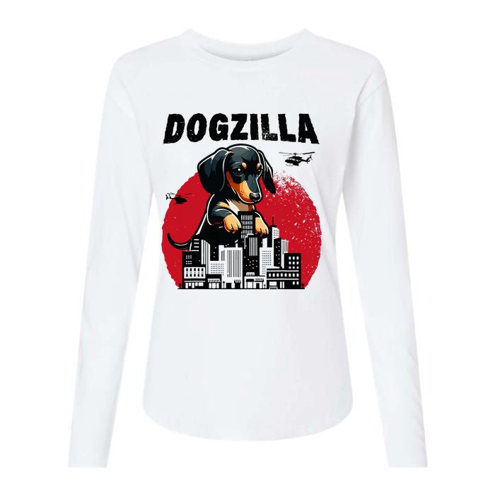 Dogzilla Funny Giant Dachshund Cute Wiener Dog In City Womens Cotton Relaxed Long Sleeve T-Shirt