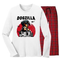 Dogzilla Funny Giant Dachshund Cute Wiener Dog In City Women's Long Sleeve Flannel Pajama Set 