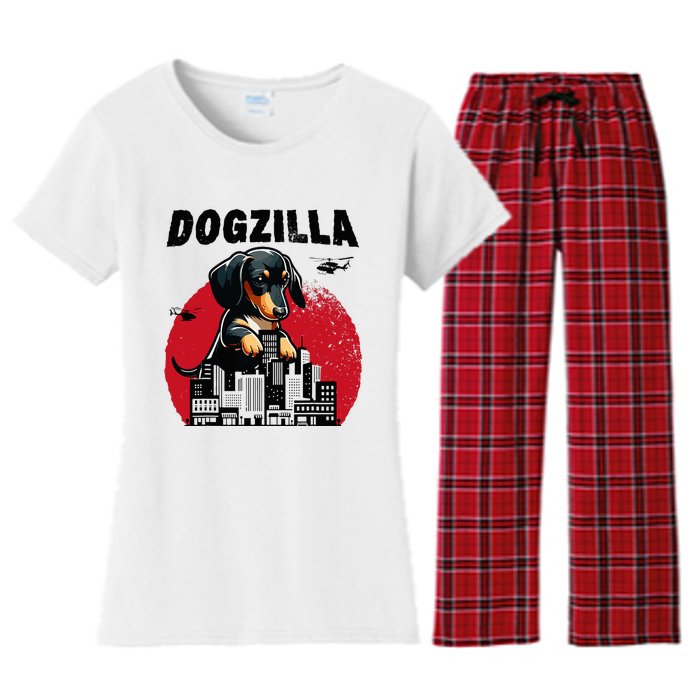 Dogzilla Funny Giant Dachshund Cute Wiener Dog In City Women's Flannel Pajama Set