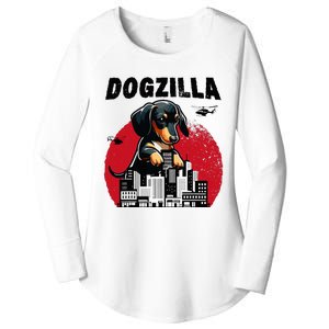 Dogzilla Funny Giant Dachshund Cute Wiener Dog In City Women's Perfect Tri Tunic Long Sleeve Shirt