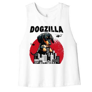 Dogzilla Funny Giant Dachshund Cute Wiener Dog In City Women's Racerback Cropped Tank