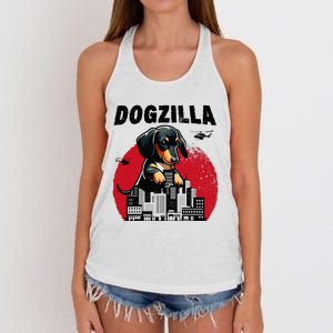 Dogzilla Funny Giant Dachshund Cute Wiener Dog In City Women's Knotted Racerback Tank