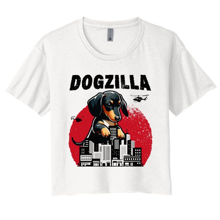 Dogzilla Funny Giant Dachshund Cute Wiener Dog In City Women's Crop Top Tee