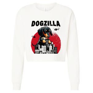 Dogzilla Funny Giant Dachshund Cute Wiener Dog In City Cropped Pullover Crew