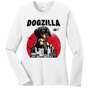 Dogzilla Funny Giant Dachshund Cute Wiener Dog In City Ladies Long Sleeve Shirt