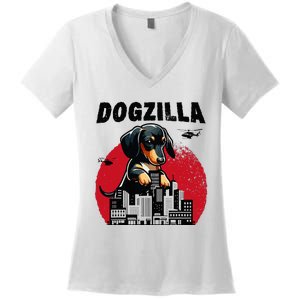 Dogzilla Funny Giant Dachshund Cute Wiener Dog In City Women's V-Neck T-Shirt