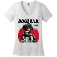 Dogzilla Funny Giant Dachshund Cute Wiener Dog In City Women's V-Neck T-Shirt