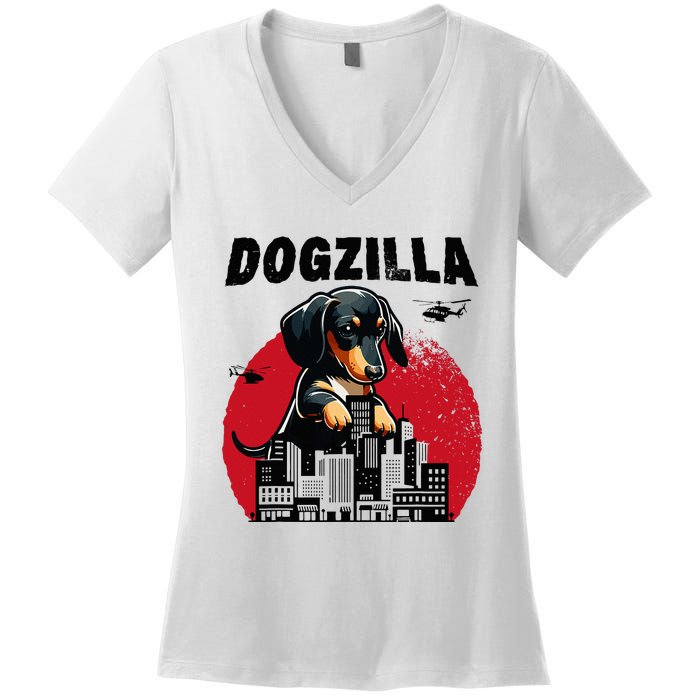 Dogzilla Funny Giant Dachshund Cute Wiener Dog In City Women's V-Neck T-Shirt