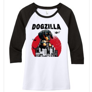 Dogzilla Funny Giant Dachshund Cute Wiener Dog In City Women's Tri-Blend 3/4-Sleeve Raglan Shirt