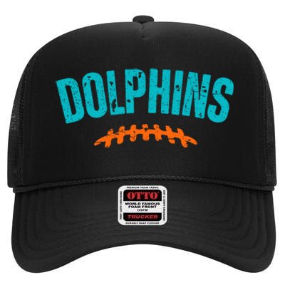 Dolphins Football Gift For Miami Fan Sport High Crown Mesh Back Trucker Hat