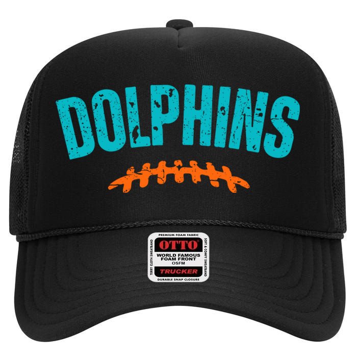 Dolphins Football Gift For Miami Fan Sport High Crown Mesh Back Trucker Hat