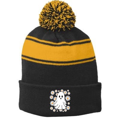 Daisy Floral Ghost Cute Halloween Stripe Pom Pom Beanie