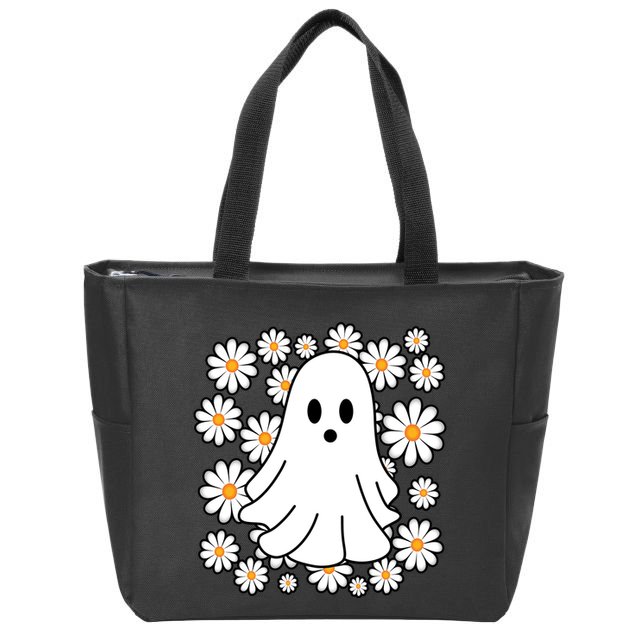 Daisy Floral Ghost Cute Halloween Zip Tote Bag