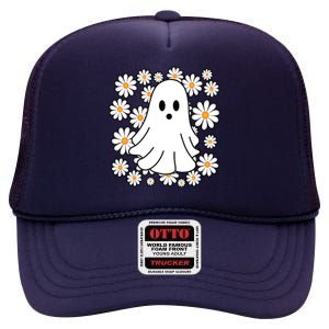 Daisy Floral Ghost Cute Halloween High Crown Mesh Back Trucker Hat