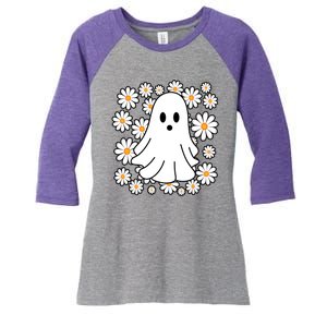 Daisy Floral Ghost Cute Halloween Women's Tri-Blend 3/4-Sleeve Raglan Shirt