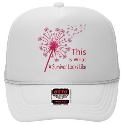 Dandelion Faith Hope Love Breast Cancer Awareness Flower High Crown Mesh Back Trucker Hat