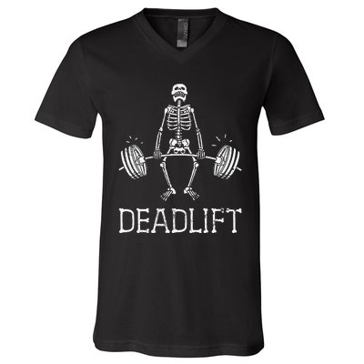 DEADLIFT Funny Halloween Skeleton Weight Lifting Workout V-Neck T-Shirt