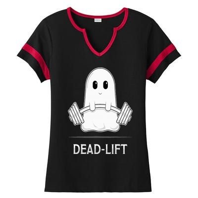 DEADLIFT Funny Halloween Ghost Weight Lifting Workout Ladies Halftime Notch Neck Tee