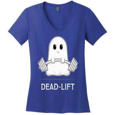 DEADLIFT Funny Halloween Ghost Weight Lifting Workout Women's V-Neck T-Shirt