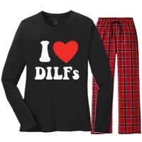 DILF Fck Hot Dad Funny Adult Humor I Love Heart Dilf Women's Long Sleeve Flannel Pajama Set 