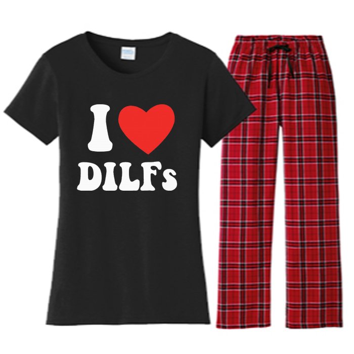 DILF Fck Hot Dad Funny Adult Humor I Love Heart Dilf Women's Flannel Pajama Set