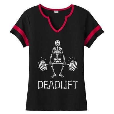 DEADLIFT Funny Halloween Skeleton Weight Lifting Workout Ladies Halftime Notch Neck Tee