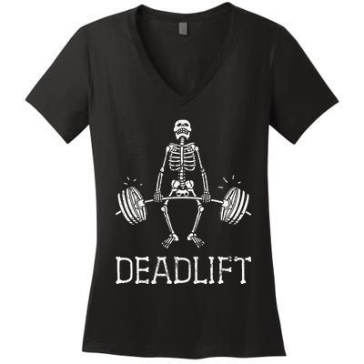 DEADLIFT Funny Halloween Skeleton Weight Lifting Workout Women's V-Neck T-Shirt