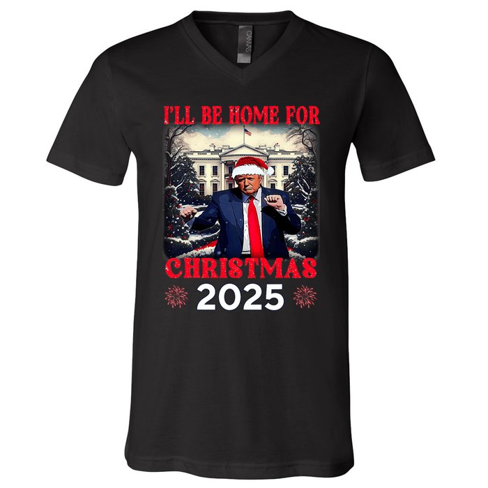 Dancing Funny Humorous Trump I’Ll Be Home For Christmas 2025 V-Neck T-Shirt