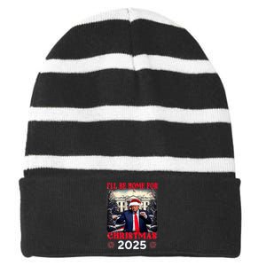 Dancing Funny Humorous Trump I’Ll Be Home For Christmas 2025 Striped Beanie with Solid Band