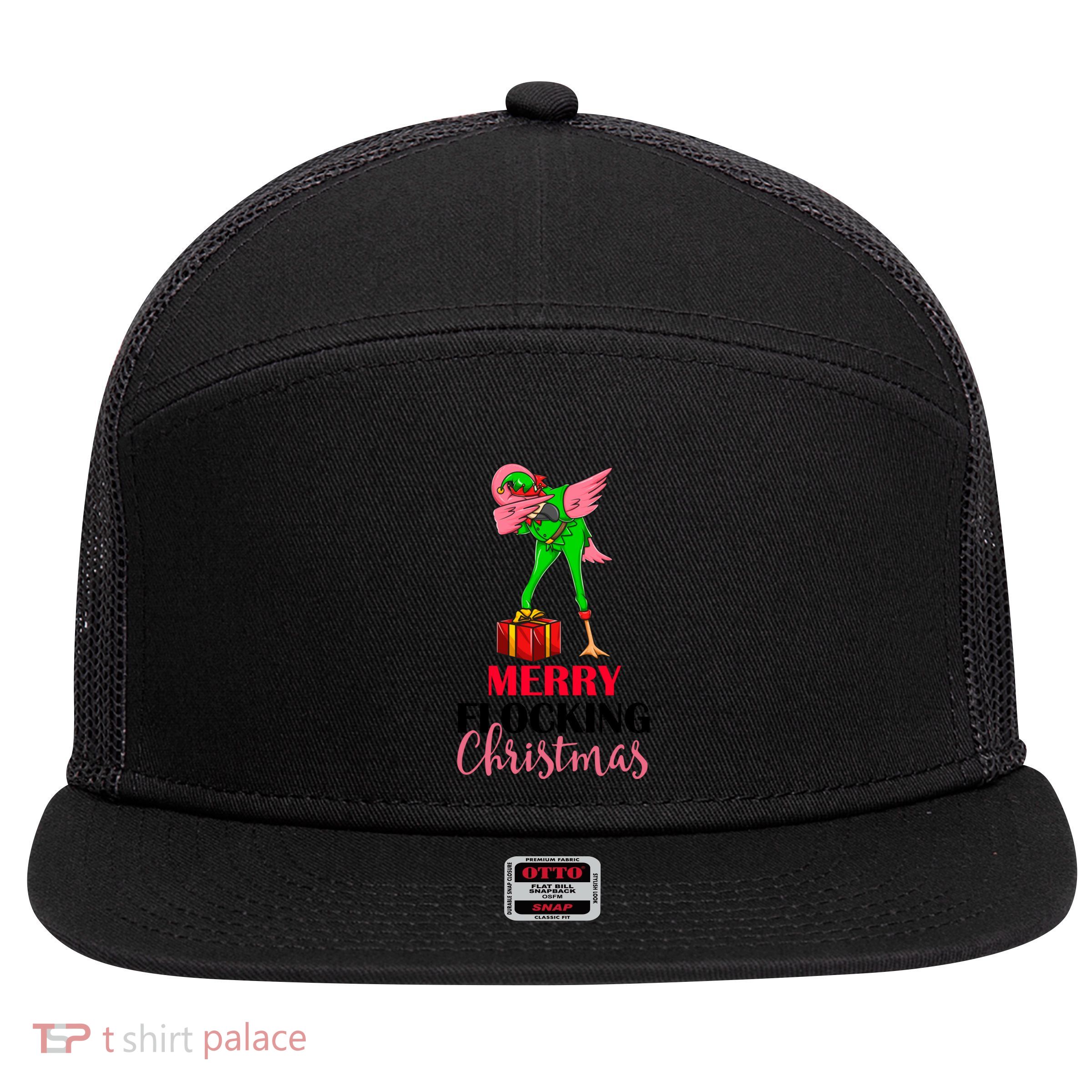 Dabbing Flamingo Holiday Elf Merry Flocking Christmas Pun Gift 7 Panel Mesh Trucker Snapback Hat