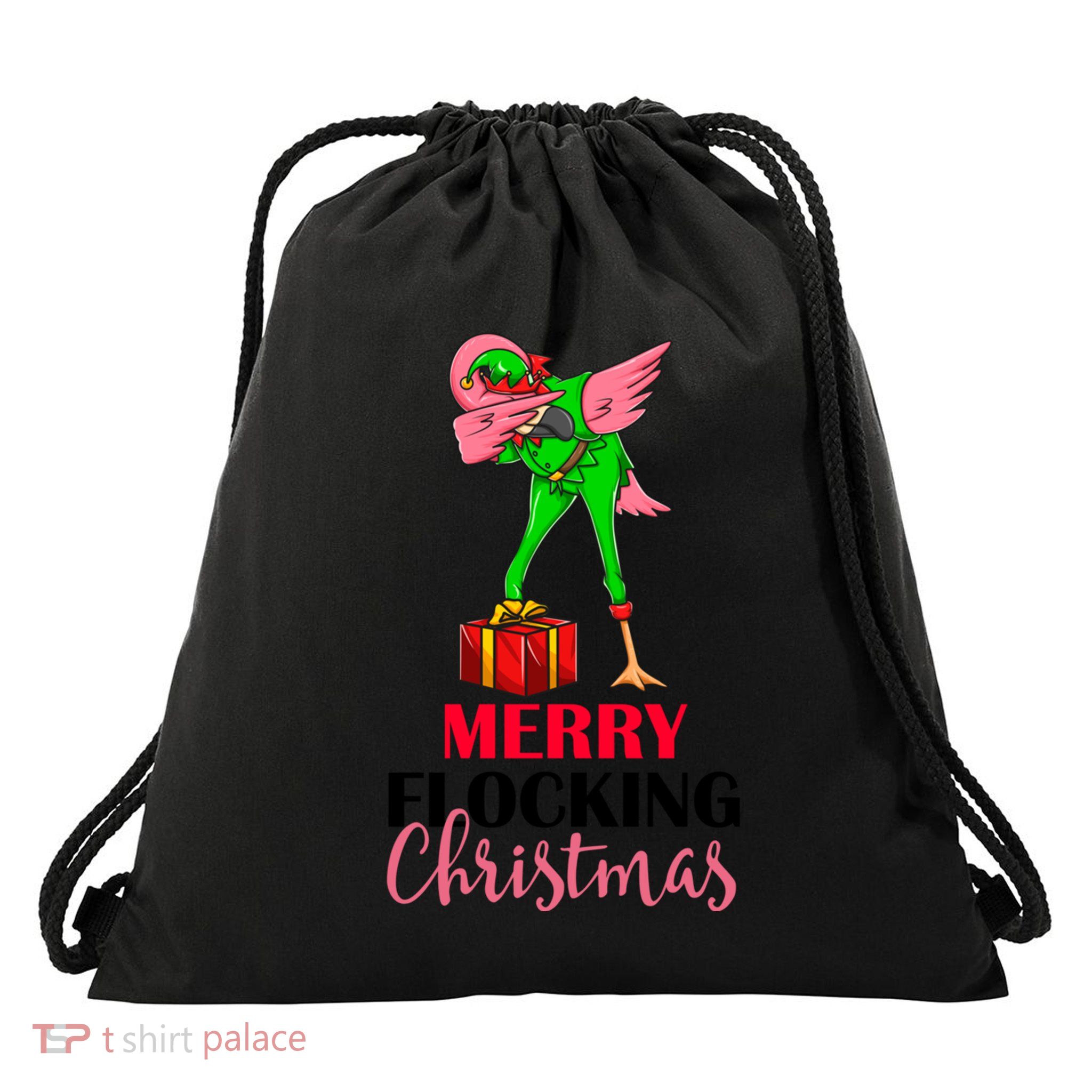 Dabbing Flamingo Holiday Elf Merry Flocking Christmas Pun Gift Drawstring Bag