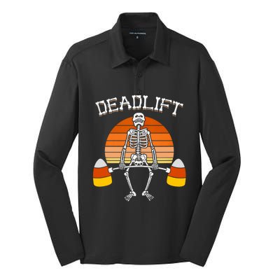 Deadlift Funny Halloween Skeleton Candy Corn Gym Workout Silk Touch Performance Long Sleeve Polo