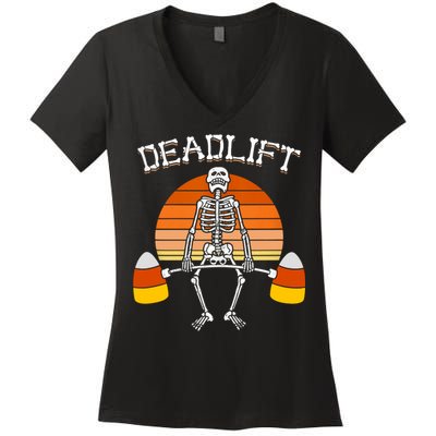 Deadlift Funny Halloween Skeleton Candy Corn Gym Workout Women's V-Neck T-Shirt