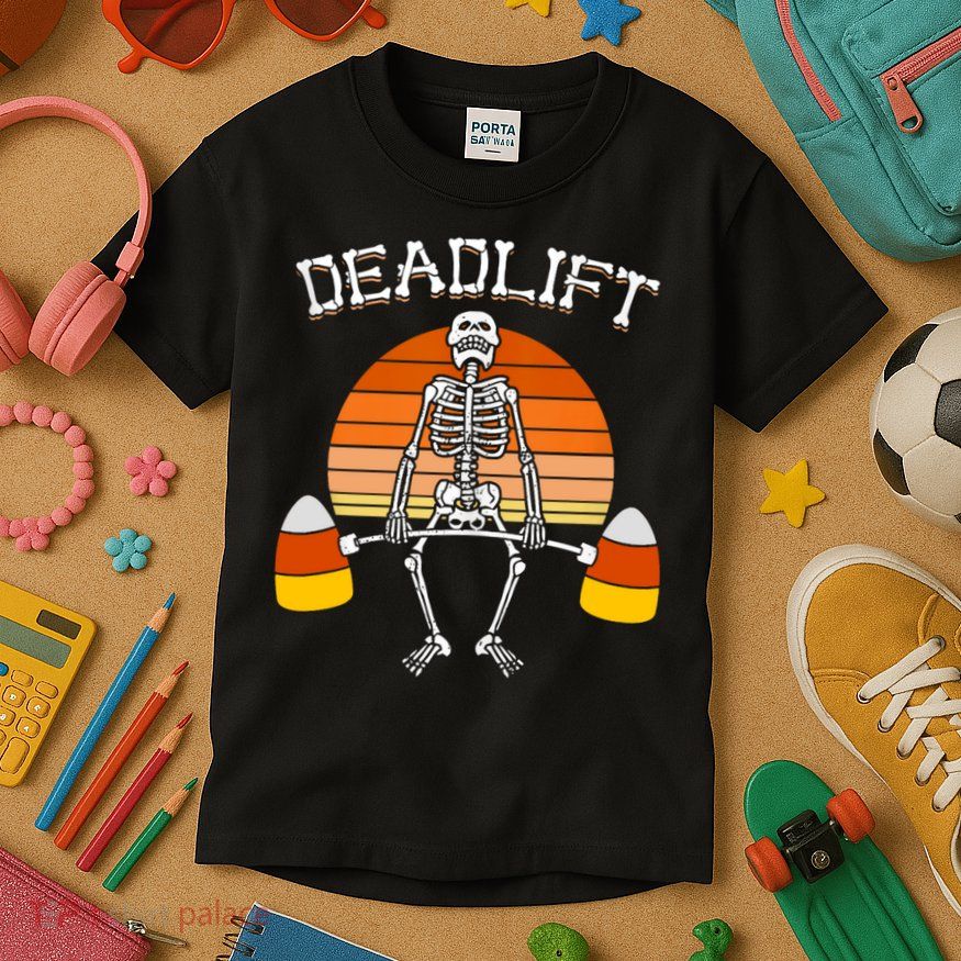 Deadlift Funny Halloween Skeleton Candy Corn Gym Workout Kids T-Shirt
