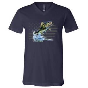 Distressed Flag Jumping Largemouth Bass V-Neck T-Shirt