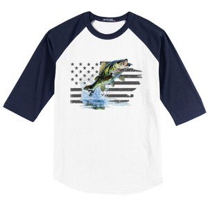 Distressed Flag Jumping Largemouth Bass Baseball Sleeve Shirt