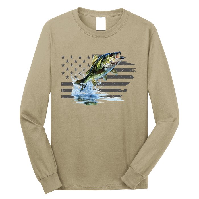 Distressed Flag Jumping Largemouth Bass Long Sleeve Shirt