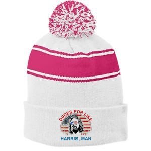 Dudes For Like Harris Man White Dude For Kamala Harris 2024 Stripe Pom Pom Beanie