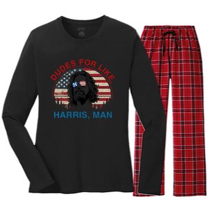 Dudes For Like Harris Man White Dude For Kamala Harris 2024 Women's Long Sleeve Flannel Pajama Set 