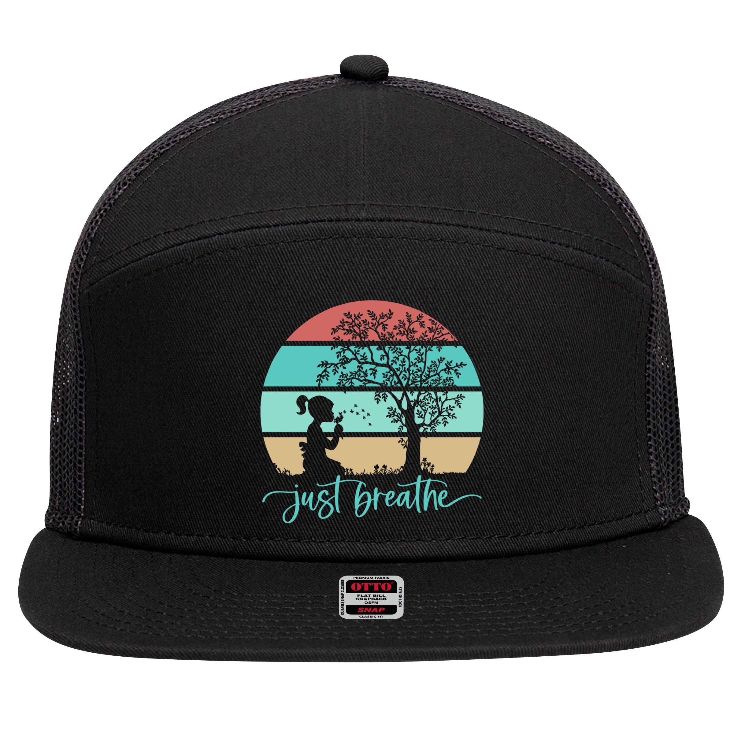 Dandelion Flower Motif Just Meditate And Breathe Mindfulness Gift 7 Panel Mesh Trucker Snapback Hat