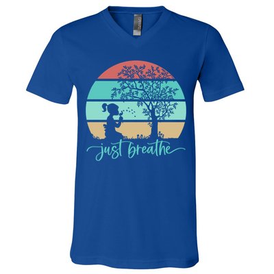 Dandelion Flower Motif Just Meditate And Breathe Mindfulness Gift V-Neck T-Shirt