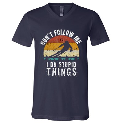 Don't follow me I do stupid things Cool Vintage Skiing V-Neck T-Shirt