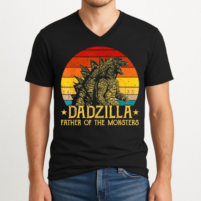 Dadzilla Father Of The Monsters Retro V-Neck T-Shirt