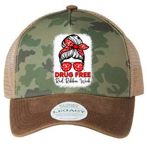 Drug Free  Red Ribbon Week Awareness Messy Bun Bleached Legacy Tie Dye Trucker Hat