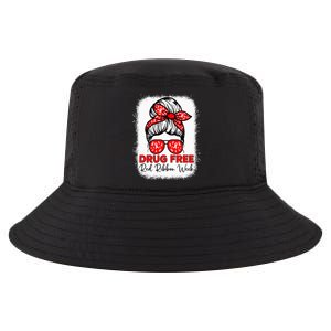 Drug Free  Red Ribbon Week Awareness Messy Bun Bleached Cool Comfort Performance Bucket Hat