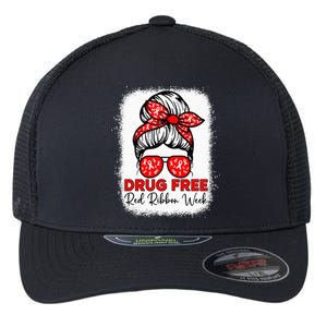 Drug Free  Red Ribbon Week Awareness Messy Bun Bleached Flexfit Unipanel Trucker Cap