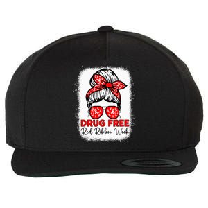 Drug Free  Red Ribbon Week Awareness Messy Bun Bleached Wool Snapback Cap